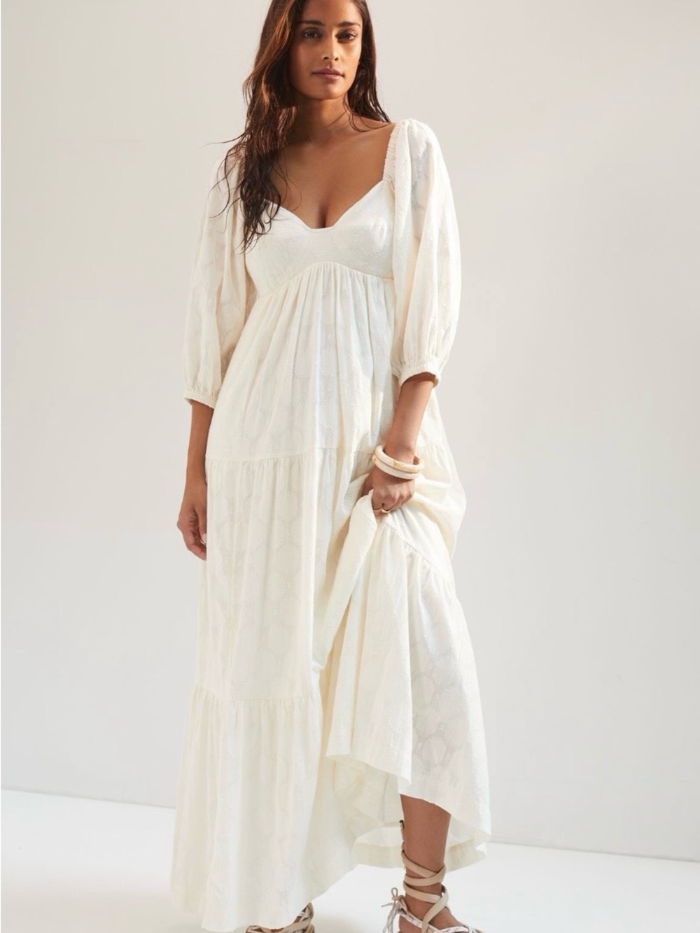 Ivory Anthropologie Blossom Maxi Dress, Textured Fabric, Puff-Sleeve